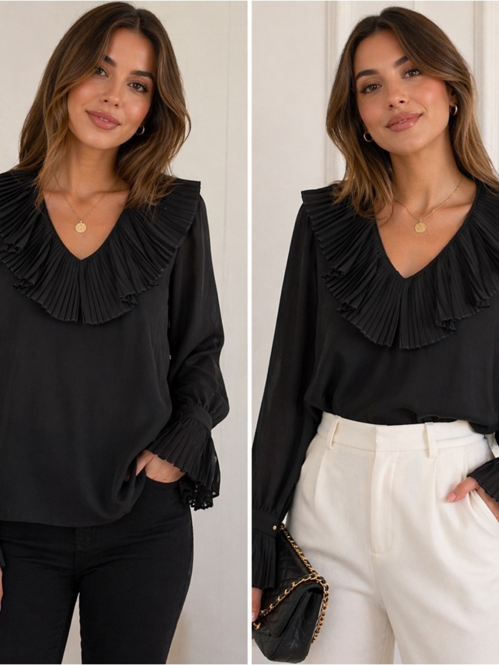 J. Peterman Black Pleated V-Neck Blouse with Statement Collar